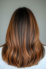 Fototapeta premium Back view of long wavy brown hair with copper balayage highlights styled in modern cut showing professional salon coloring technique and haircare result.