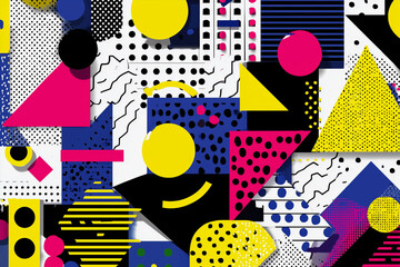 A colorful abstract design with many different shapes and patterns. The design is full of bright colors and has a playful, energetic feel to it