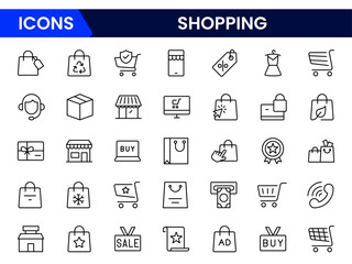 Vibrant vector web line icons depicting shopping, e-commerce, carts, payments, and seamless online retail experiences for dynamic consumer engagement.
