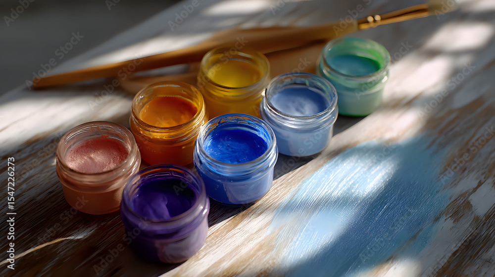 Poster colorful art paint jars with brush on wooden surface in natural sunlight with window shadow pattern 