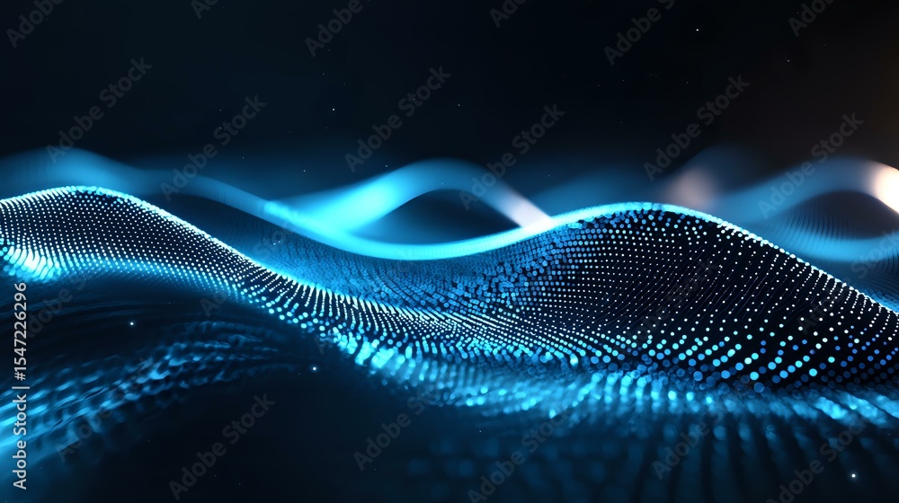 Poster abstract blue glowing wave of particles flowing on dark background, digital technology visualization