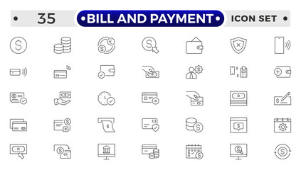 Bill and Payment Outline icon set. Containing finance related icons. bill, receipt, invoice, document, atm, cash, cryptocurrency, blockchain, banking, payments.
