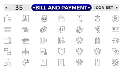 Bill and Payment Outline icon set. Containing finance related icons. bill, receipt, invoice, document, atm, cash, cryptocurrency, blockchain, banking, payments.