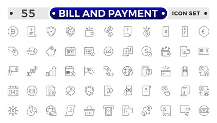 Bill and Payment Outline icon set. Containing finance related icons. bill, receipt, invoice, document, atm, cash, cryptocurrency, blockchain, banking, payments.