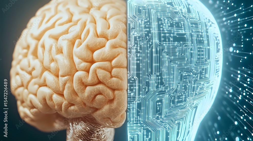 Poster conceptual split brain visualization showing organic human brain hemisphere transitioning into digit