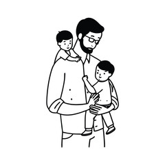 Fototapeta premium Monochrome Line Art Silhouette Father Holding Two Young Sons children family