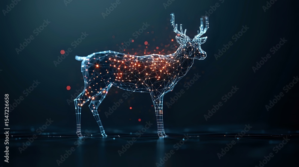 Poster digital wireframe deer silhouette with glowing particles and connecting lines on dark background cre