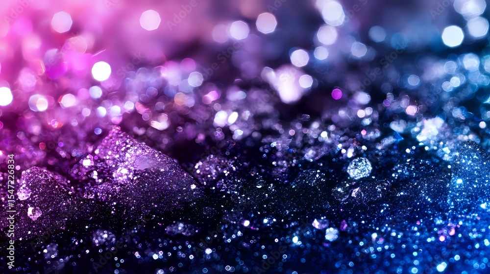 Poster sparkling glitter background with gradient from pink to blue colors, macro shot showing detailed tex