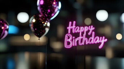 Fototapeta premium Glowing pink neon happy birthday sign with black and pink balloons against blurred bokeh background creates festive party atmosphere for celebration designs.
