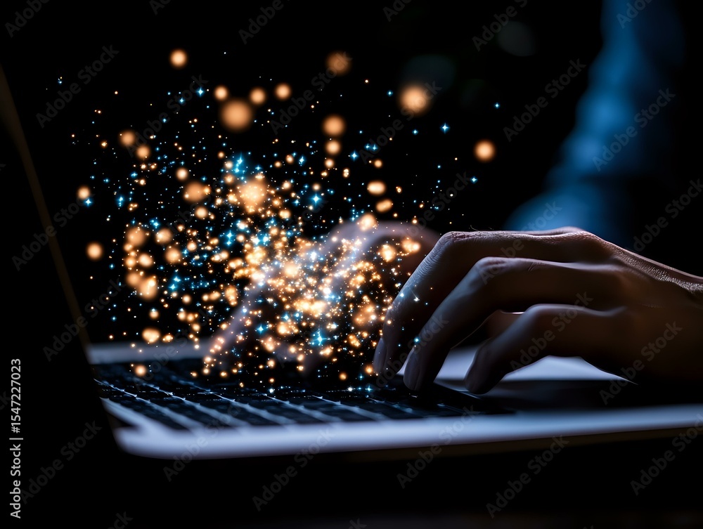 Poster magical glowing particles burst from laptop keyboard as person types in dark room, creating ethereal