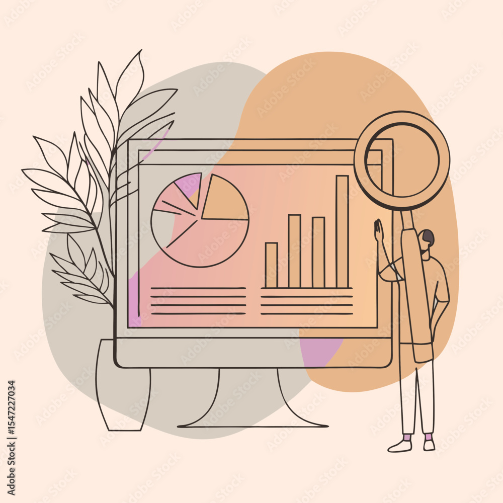 Poster data analysis illustration with a person holding a magnifying glass next to a computer screen showin