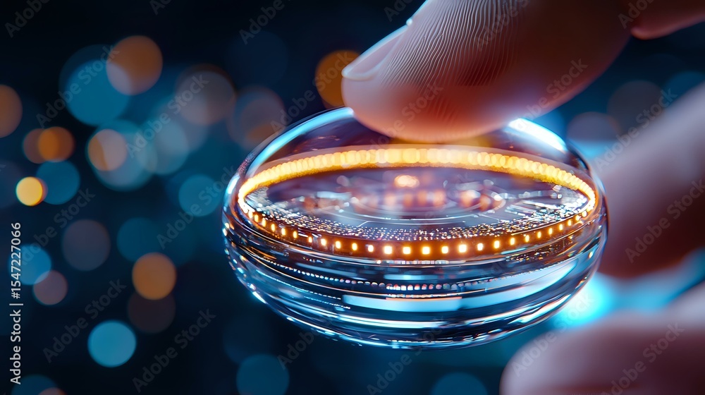Poster glowing cryptocurrency coin held between fingers against blurred bokeh lights background, creating f