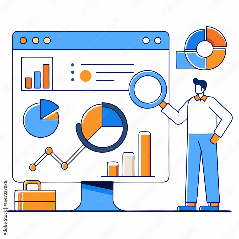 Poster business analysis illustration man with magnifying glass analyzing charts and graphs on a computer s