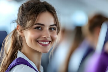 Young Caucasian woman with ponytail and bright smile wearing purple uniform in office environment, looking directly at camera with confident professional expression.