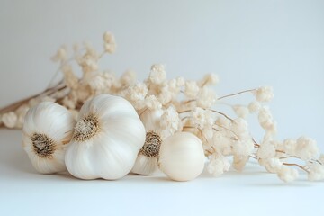 A garlic bulb and some sliced cloves of garlic on a white background, photographed