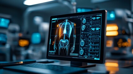 Medical screen displaying digital spine and skeletal scan with diagnostic data in modern hospital laboratory environment. Blue technology interface shows detailed anatomy analysis.