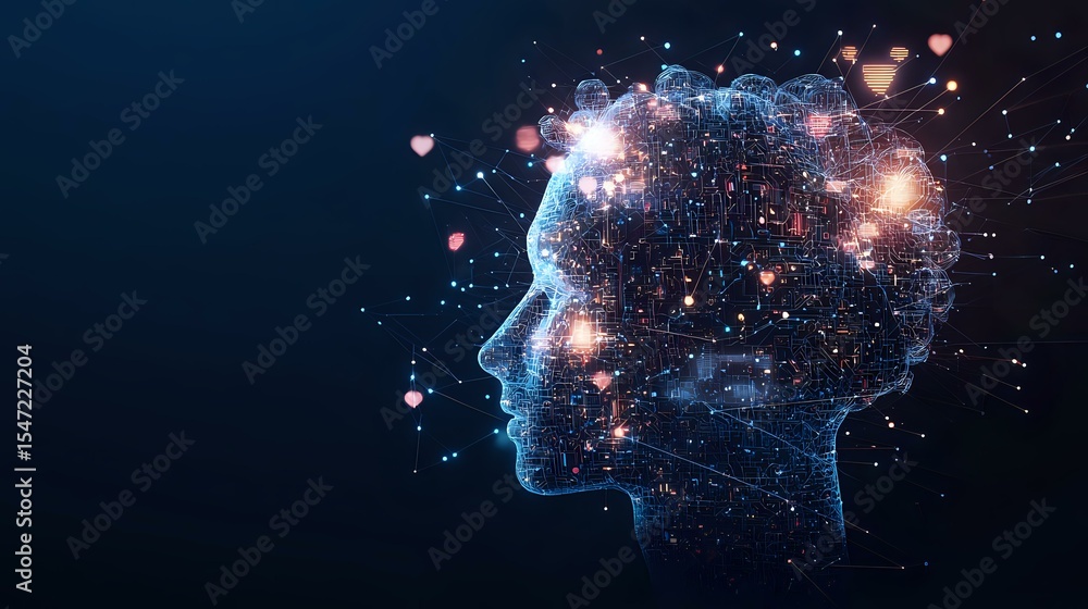 Poster digital visualization of glowing human profile with constellation effect and sparkles against dark b
