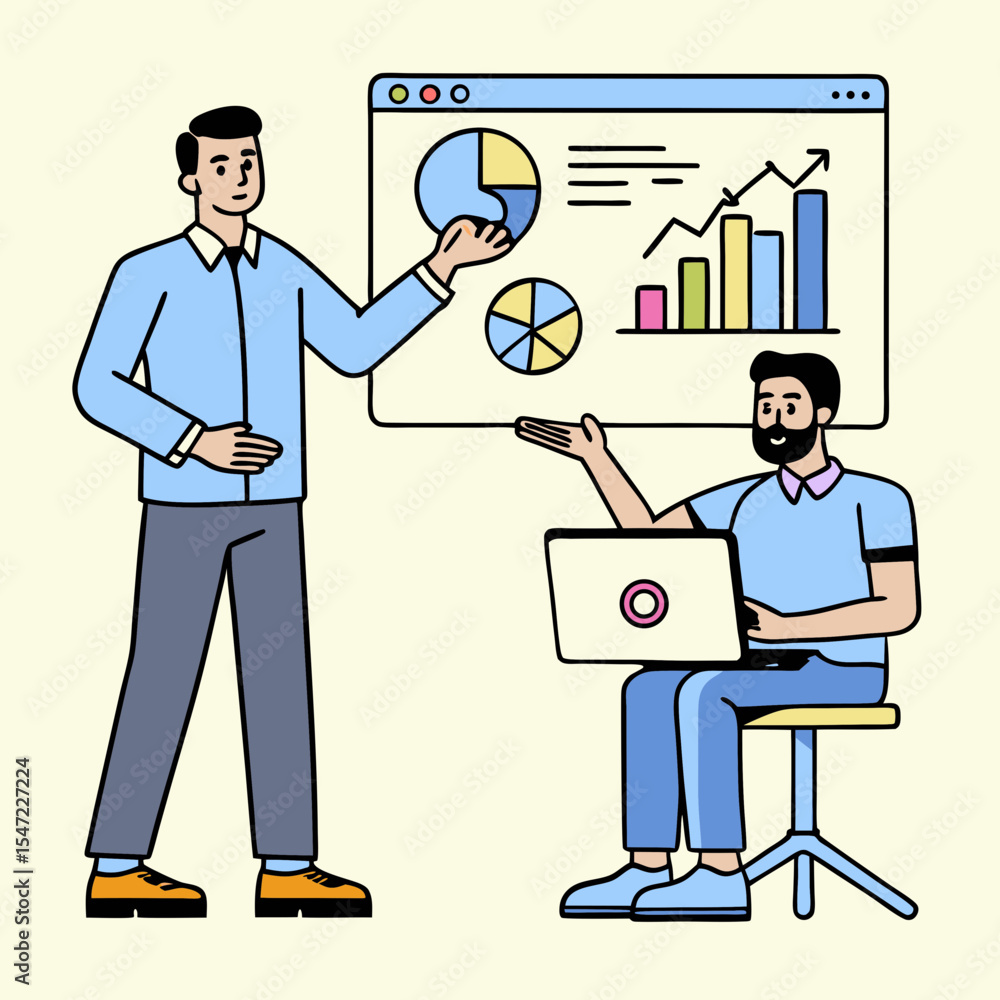 Poster business presentation with two men discussing data charts and graphs on a screen with laptop illustr