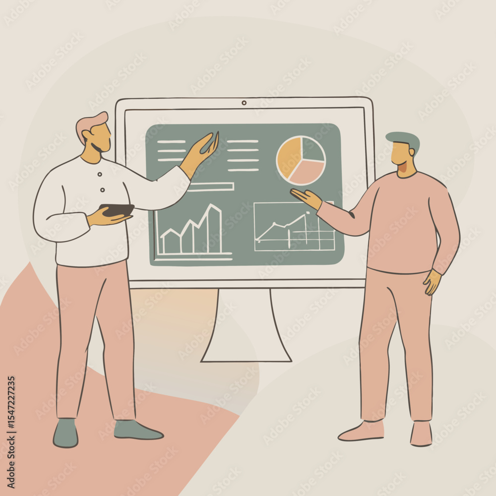 Poster two business people presenting data charts and graphs on a large computer screen illustration style