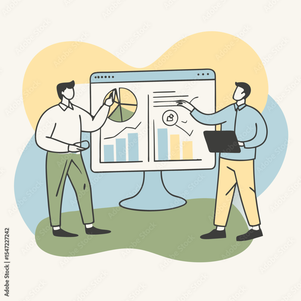 Poster business presentation with two men analyzing graphs and charts on a large screen display together