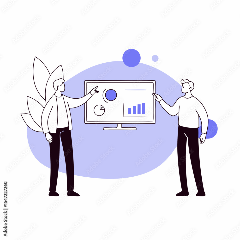 Aufkleber two business people presenting data on a screen discussing charts and graphs with a modern clean aes