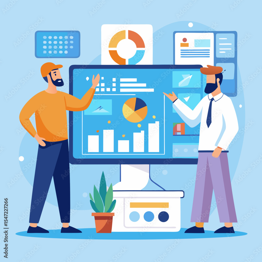 Poster two business men presenting data analysis on a large monitor with charts and graphs illustration