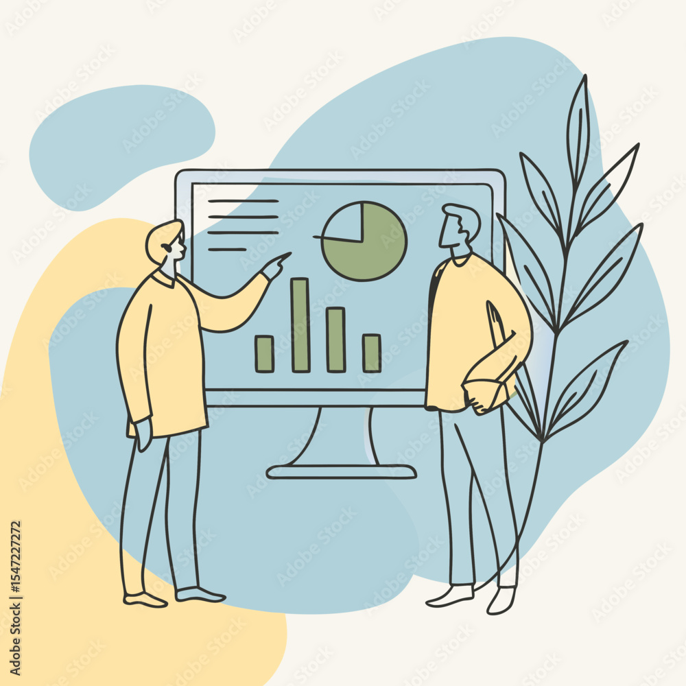 Poster two professionals reviewing business data on computer screen with bar graph and pie chart illustrati