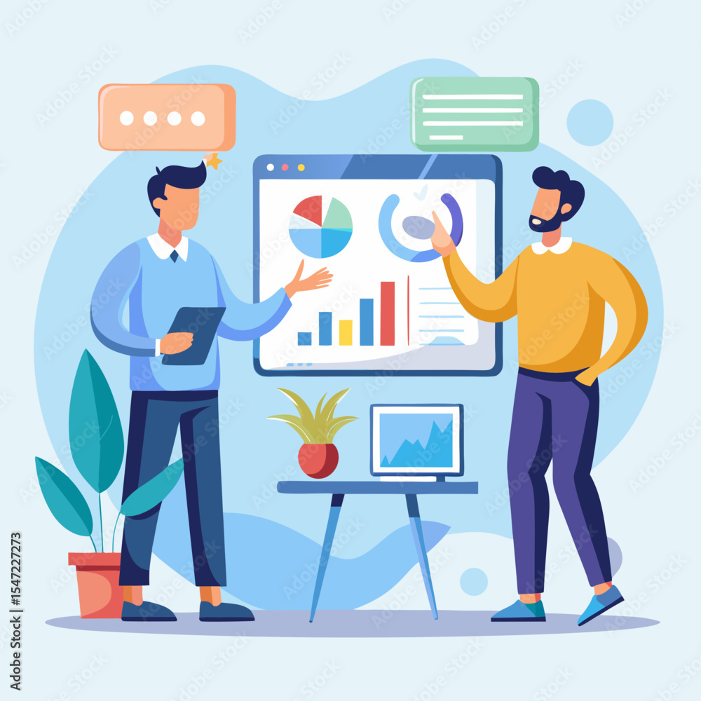 Aufkleber two businessmen discussing data and analytics charts on a presentation board in an office setting il