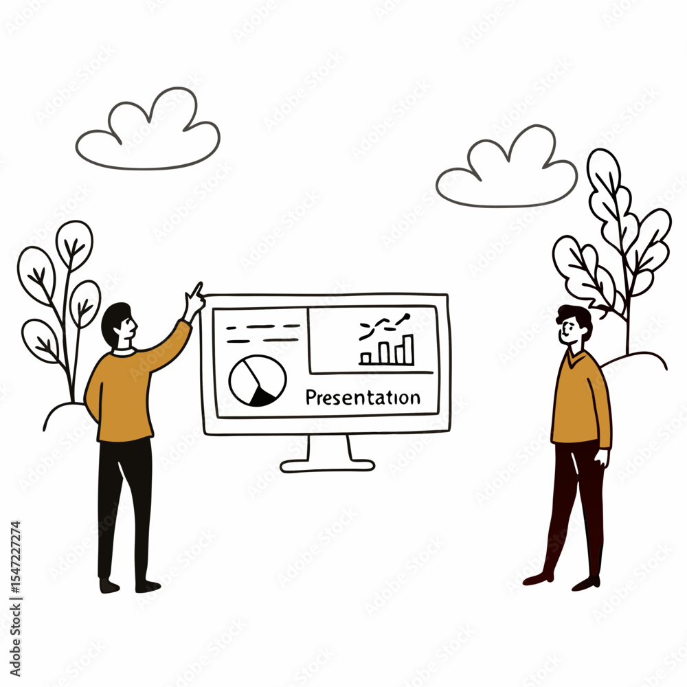 Poster business presentation illustration with two people a monitor displaying charts trees and clouds in a
