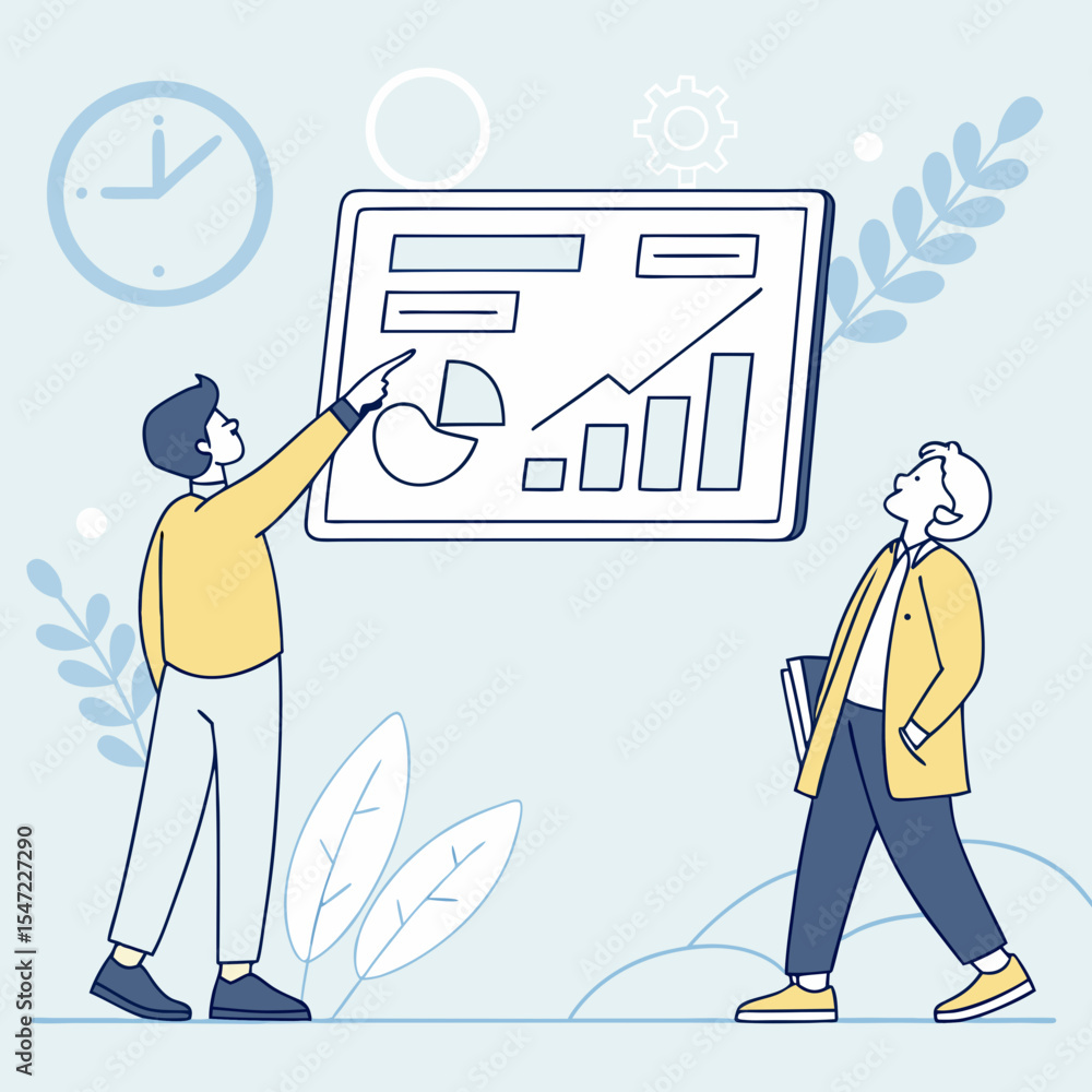 Poster business presentation with two men one pointing at a chart and the other listening attentively in a 