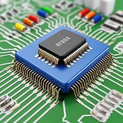 Blue Integrated Circuit Chip on Green Circuit Board