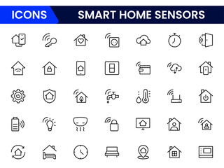 Sleek vector web line icons depicting smart home sensors, automation, security, temperature control, and connected devices for intelligent living.