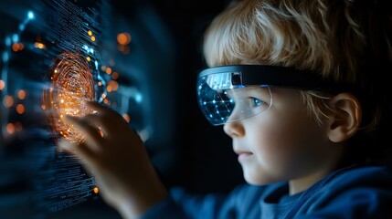 Young boy wearing augmented reality glasses interacts with glowing orange digital fingerprint hologram against dark blue background with bokeh lights.