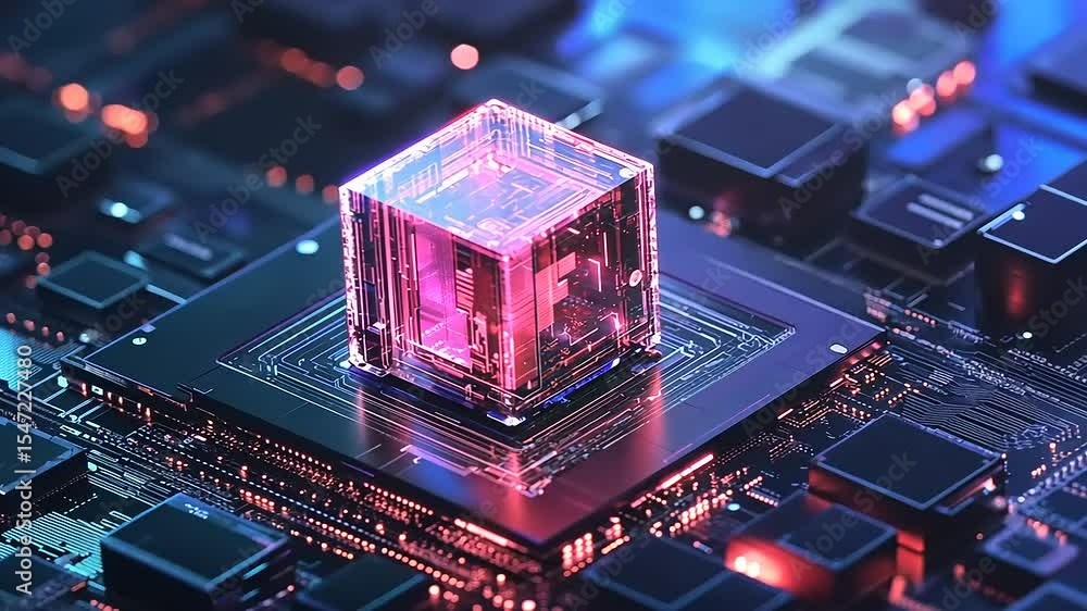 Poster futuristic transparent cube on a microchip, glowing with vibrant colors in a tech-focused environmen