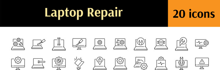Broken Device Bundle of Related Line Icons. Laptop Repair Outline Signs for Graphic and Web Design, Apps, Adverts, Various Cards