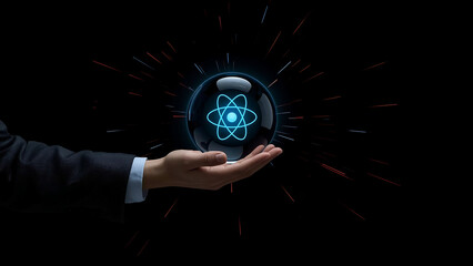 Hand Holding a Glowing Blue Atom Symbol Encased in a Sphere, Representing Scientific Innovation, Quantum Technology, and Fundamental Research