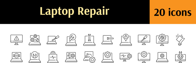 Broken Device Line Icon Collection. Laptop Repair Outline Signs for Graphic and Web Design, Apps, Adverts, Various Cards