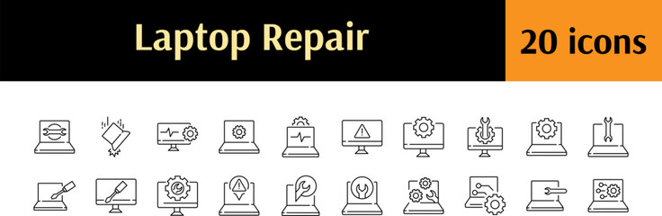 Broken Device Line Icon Pack. Laptop Repair Outline Signs for Graphic and Web Design, Apps, Adverts, Various Cards