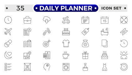 Daily Planner Outline icon set. Containing schedule, to-do list, task, manage time, planner, calendar, delegation, reminder, timer, set priorities and Time management.