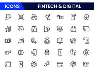 Sleek vector web line icons depicting fintech, digital payments, blockchain, mobile banking, and innovative financial technology for seamless transactions.