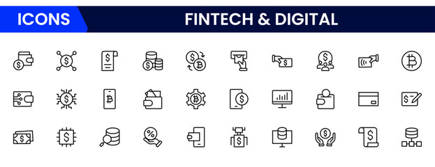 Sleek vector web line icons depicting fintech, digital payments, blockchain, mobile banking, and innovative financial technology for seamless transactions.