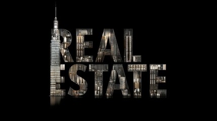 Urban real estate concept with a city skyline and skyscraper integrated into the text on a black background