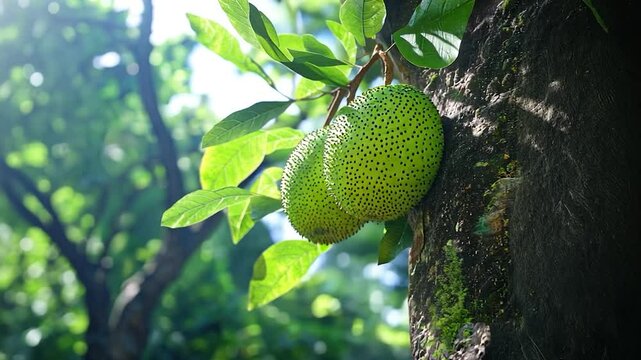 Jackfruit tree lush green leaves sunlight nature food