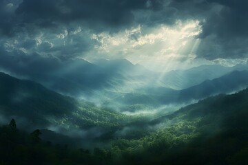 A panoramic view of the Mountains, with rays piercing through the clouds above, surrounded by lush greenery and forest-covered hills below. 