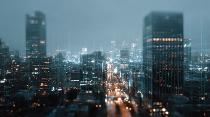Futuristic smart city with a glowing digital network and data stream overlay