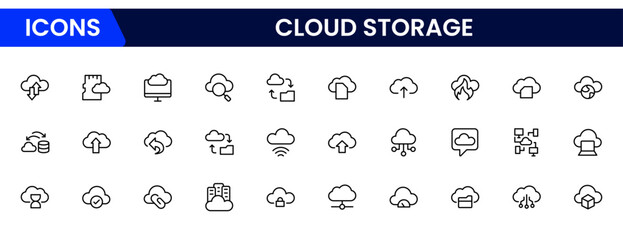 Sleek vector web line icons depicting cloud storage, backup, data sync, servers, and secure digital solutions for seamless access.