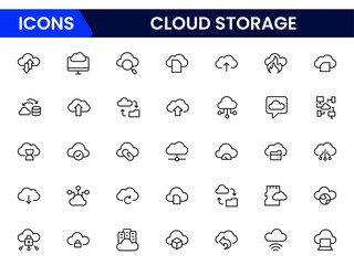 Sleek vector web line icons depicting cloud storage, backup, data sync, servers, and secure digital solutions for seamless access.