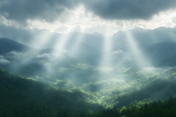 A panoramic view of the Mountains, with rays piercing through the clouds above, surrounded by lush greenery and forest-covered hills below. 