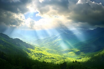 A panoramic view of the Mountains, with rays piercing through the clouds above, surrounded by lush greenery and forest-covered hills below. 