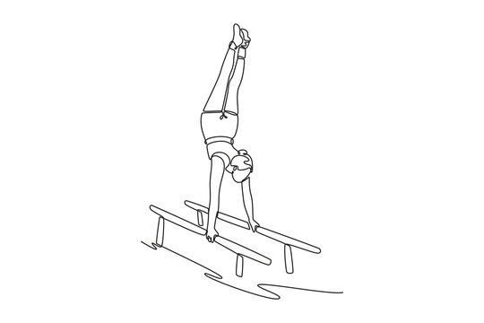 Continuous one line drawing woman athlete doing handstand on parallel bars in professional gym. Beauty sportswoman perform stunt in sports clothes. Single line draw design vector graphic illustration